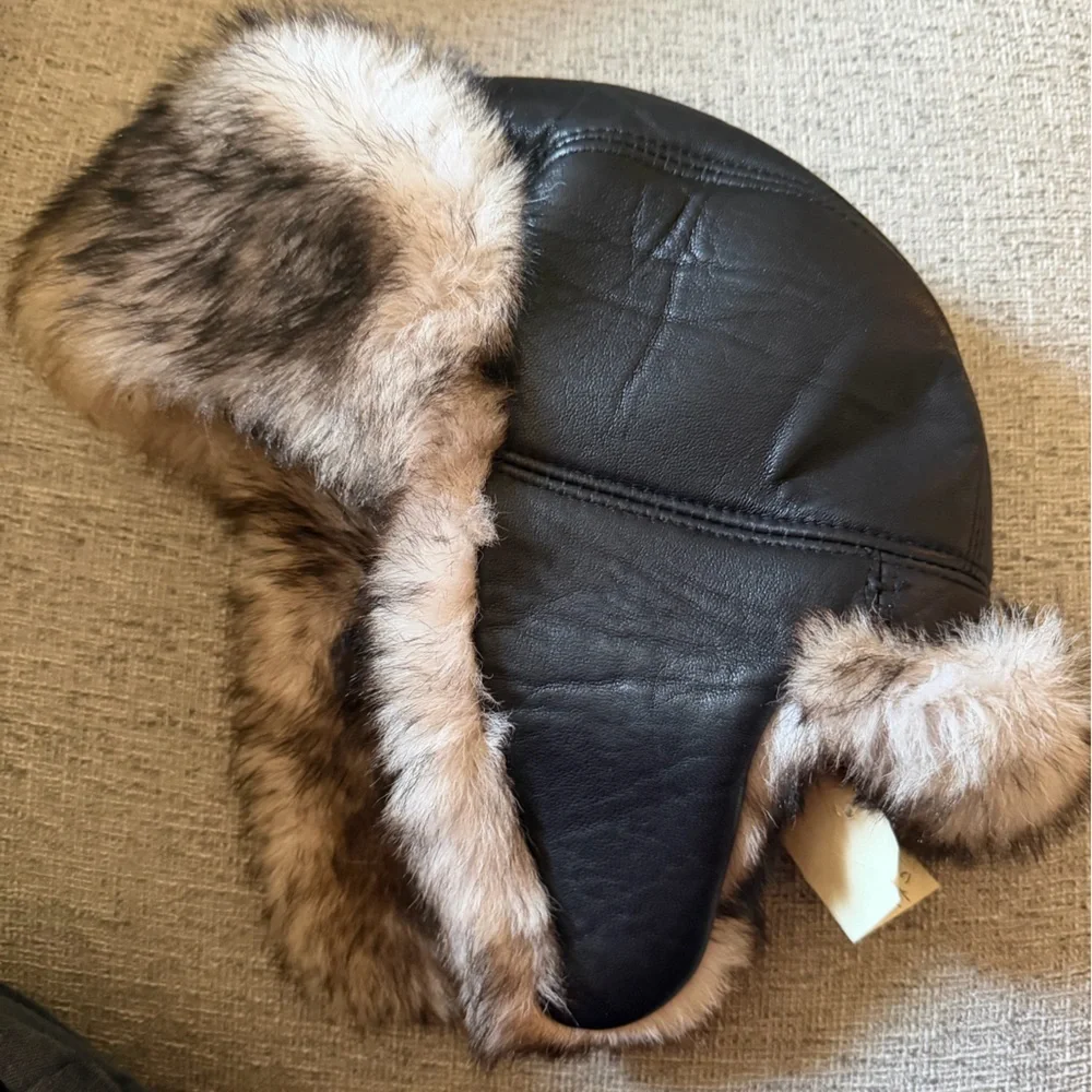Zabari 100% Genuine Leather Black Trapper Hat with Fur Trim and Ear Flaps NWT